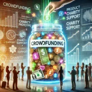 DALL·E 2024 12 01 15.57.45 A vibrant visualization of a crowdfunding project concept. The image features a diverse group of people contributing funds represented as coins and bi