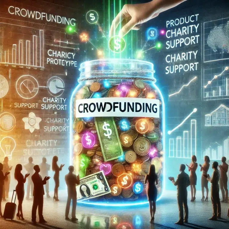 DALL·E 2024 12 01 15.57.45 A vibrant visualization of a crowdfunding project concept. The image features a diverse group of people contributing funds represented as coins and bi