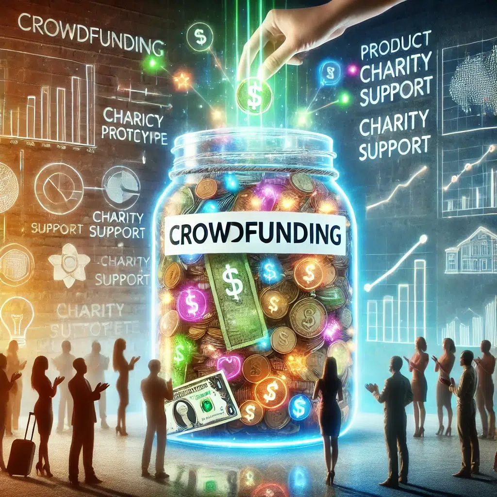 DALL·E 2024 12 01 15.57.45 A vibrant visualization of a crowdfunding project concept. The image features a diverse group of people contributing funds represented as coins and bi